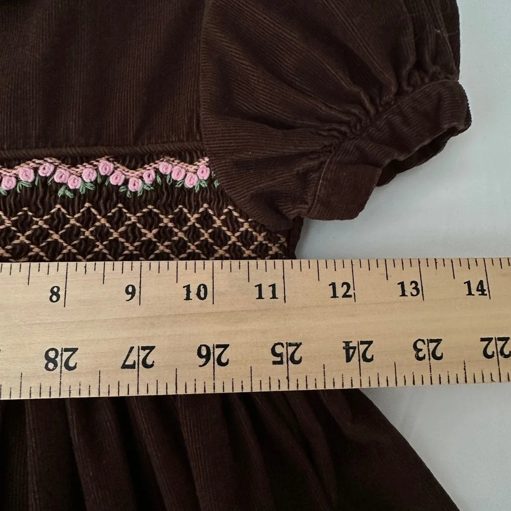 Mom Me Girls Dress 4 Brown Corduroy Smocked Floral Peter Pan Collar Cottage VTG
